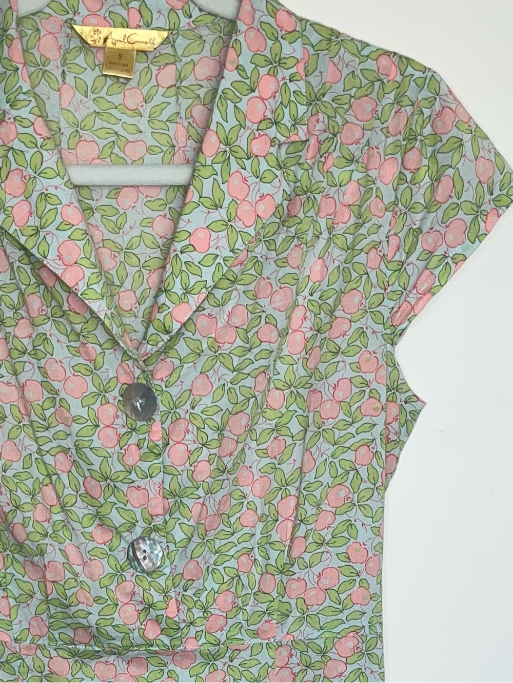 April Cornell Y2K Green Pink Apple Print Cotton Midi Dress Cottagecore Prairie S - Picture 5 of 9